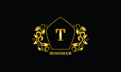 Decorative, golden graceful monogram with initials T. Heraldic logo symbol with exclusive elements of calligraphic design. Vector business sign, identity for hotel, restaurant, jewelry.