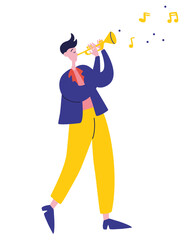 ..Young guy plays the trumpet jazz music. Man Playing Melody Musician Golden Trumpet, Orchestra Performer. Music Performance Flat Cartoon Illustration..