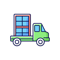Window delivery RGB color icon. Customer service. Delivering building materials on residential construction sites. House building. Home remodeling. Material delivery. Isolated vector illustration