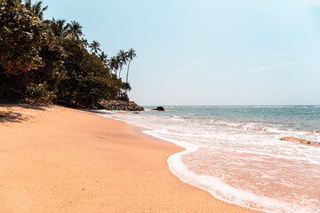 Tropikalna plaża, jasny piasek i piękny ocean oraz palmy.