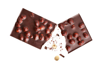 broken chocolate with nuts on a white background