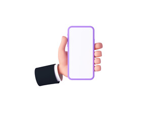 3D render, cartoon hand are holding a modern smartphone. Isolated on white background.