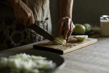 Male hands cutting onions