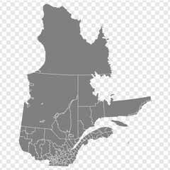 Quebec map on transparent background. Province of Quebec map with  municipalities in gray for your web site design, logo, app, UI. Canada. EPS10.