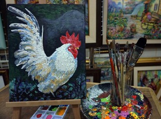 Art painting oil color , chicken, cock, hen,chick , paint brushes, palette ,in gallery ,from...