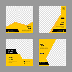 Social media post editable minimal square banner template. Black and yellow background color with striped outline.