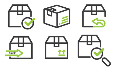 Set of different cardboard boxes from thin lines with green elements, isolated on white background.