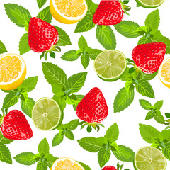 Mint leaves, strawberries, lemon and lime seamless pattern