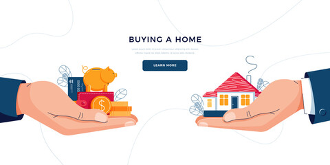 Buying a new home concept. Hands with a house and money. Deal sale, purchase of real property, mortgage loan, buy a home for web site, landing page, homepage. Modern flat design vector illustration