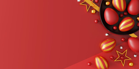 easter eggs on red background, top view. flat lay