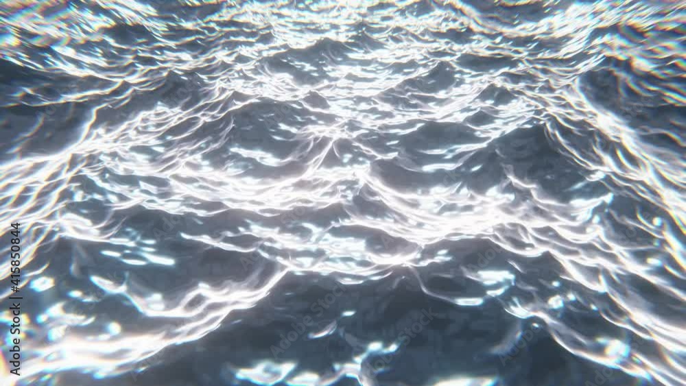 Poster realistic looping camera fly-over 60 fps 3d animation of the shining waving ocean waters after the s