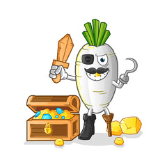 white radish pirate with treasure mascot. cartoon vector