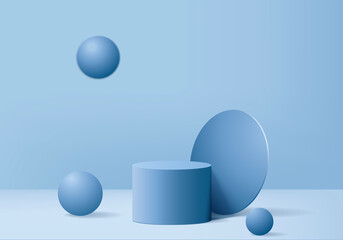 3d display product abstract minimal scene with geometric podium platform. cylinder background vector 3d rendering with podium. stand for cosmetic products. Stage showcase on pedestal 3d blue studio