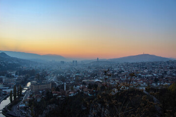 Colorful sky and sunset over Sarajevo. The city of Sarajevo in the fall before winter. Sarajevo, Bosnia and Herzegovina.