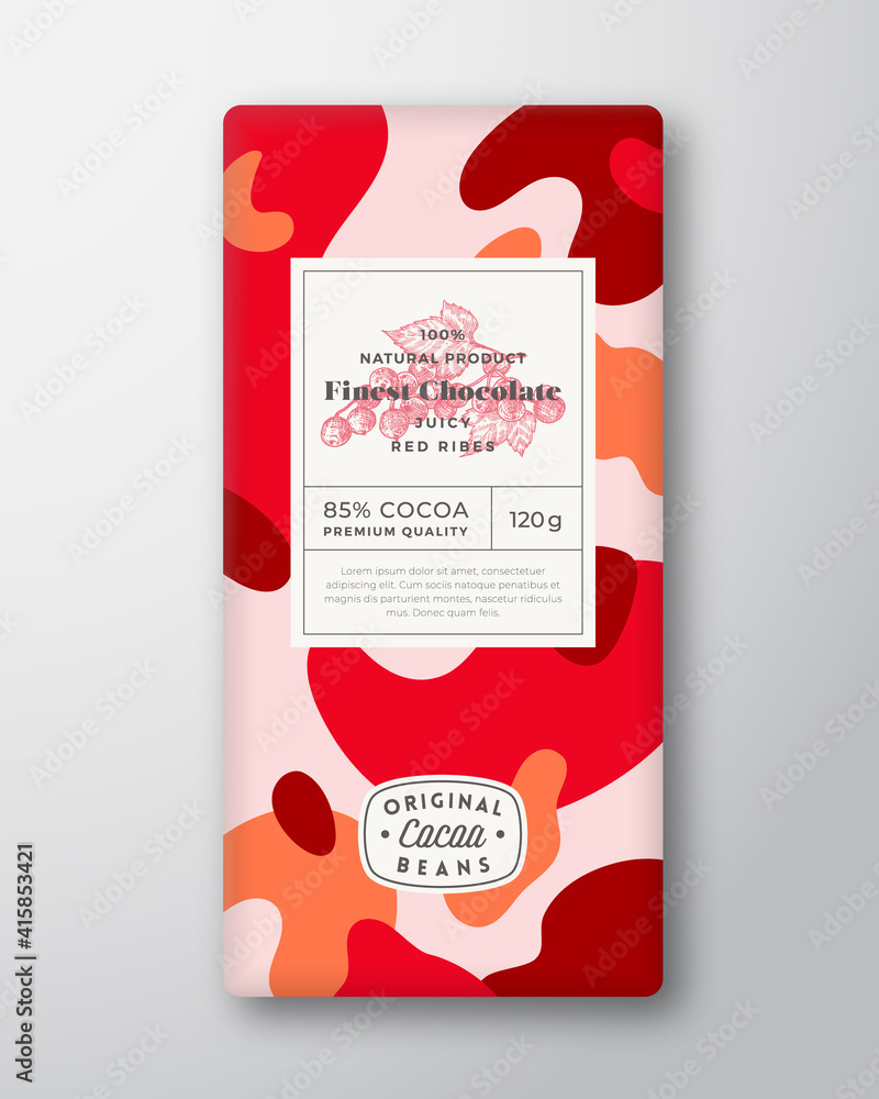 Wall mural red ribes chocolate label. abstract shapes vector packaging design layout with shadows. modern typog