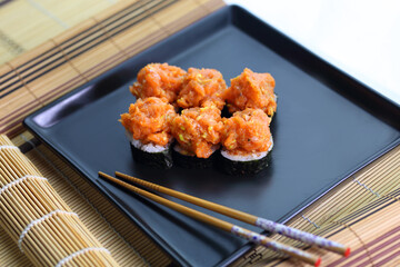 fish tartare served in the form of sushi
