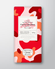 Red Ribes Chocolate Label. Abstract Shapes Vector Packaging Design Layout with Shadows. Modern Typography, Hand Drawn Berries Silhouette and Colorful Camouflage Pattern Background. Isolated
