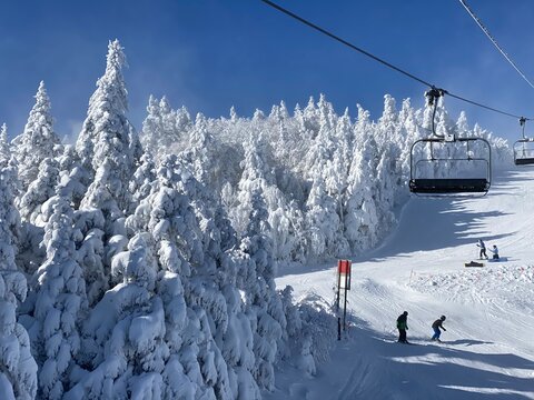 Ski Chair Lifts At Okemo Mountain Ski Resort At Sunny Winter Day In Vermont USA