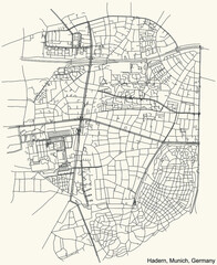 Fototapeta na wymiar Black simple detailed street roads map on vintage beige background of the quarter Hadern borough (Stadtbezirk) of Munich, Germany
