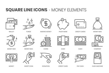 Money elements, square line icon set