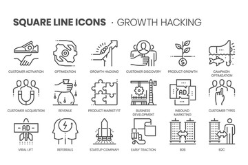 Growth hacking flat, square line icon set