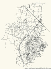 Black simple detailed street roads map on vintage beige background of the quarter Aubing-Lochhausen-Langwied borough (Stadtbezirk) of Munich, Germany