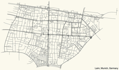 Black simple detailed street roads map on vintage beige background of the quarter Laim borough (Stadtbezirk) of Munich, Germany