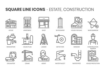 Real estate, square line icon set. The illustrations are a vector, editable stroke, thirty-two by thirty-two matrix grid, pixel perfect files.
