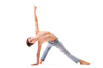 A teenage ballet dancer poses barefoot, isolated on a white background.