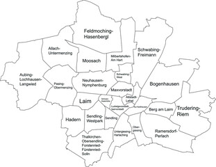 Simple white vector map with black borders and names of boroughs (Stadtbezirke) of Munich, Germany