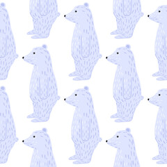 Isolated animal seamless pattern with doodle blue polar bear cute cartoon silhouettes. White background.