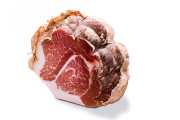 Culatello ham of Zibello, Parma, Italy, italian salami cut isolated on white