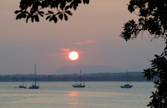 Boats At Anchor At Sunset, Sidney Spit, Gulf Islands National Park Reserve Of Canada