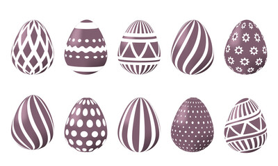 Set of 3d Easter eggs. Set of Easter eggs in one color with white patterns. Design elements for the design of Easter banners, cards, templates, backgrounds