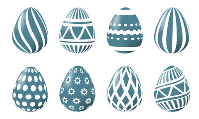 Set of 3d Easter eggs. Set of light blue eggs with white patterns. Design elements for the design of Easter banners, cards, templates, backgrounds