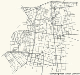 Black simple detailed street roads map on vintage beige background of the quarter Schwabing-West borough (Stadtbezirk) of Munich, Germany
