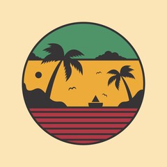 Round emblem with palm trees on the beach. The flag Rastafarian vector illustration. Reggae emblem with beach background.