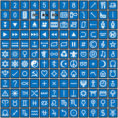 144 symbols. Icon set.
Set of white graphic elements, flat images, linear on a blue background. - 415856431