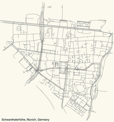 Black simple detailed street roads map on vintage beige background of the quarter Schwanthalerhöhe borough (Stadtbezirk) of Munich, Germany