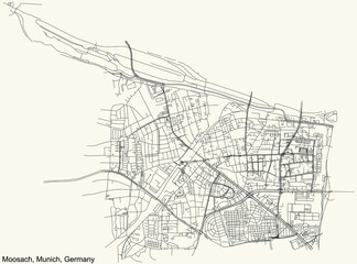 Black simple detailed street roads map on vintage beige background of the quarter Moosach borough (Stadtbezirk) of Munich, Germany