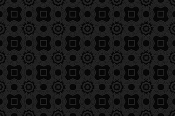 Geometric convex volumetric 3D pattern with a relief ornament of ethnic elements in the African style on a black background.