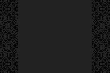 Geometric convex volumetric 3D pattern with a relief ornament from ethnic African elements on a black background with vertical inserts for presentations.