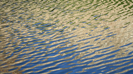 Light reflection games in the waves of the river. A little bit of wind and wavy flow in the water reservoir on a sunny day. Decorative abstraction in nature. 