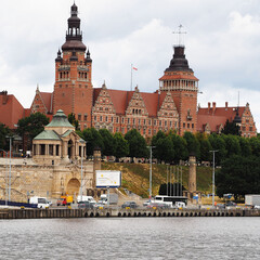 view of the shore of Szczecin from the Odra River on a sunny summer day