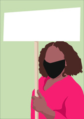 Black woman holding a white banner wearing a black mask and a pink-orange shirt, green-grey background