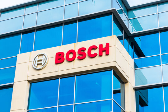 Red Bosch logo on glass facade of Bosch Research and Technology Center office in Silicon Valley - Santa Clara, California, USA - 2021