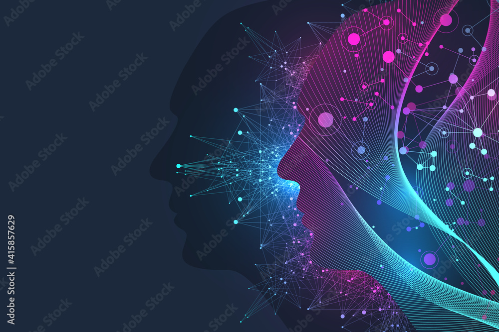 Poster artificial intelligence and machine learning illustration concept. human head outline with brain, il