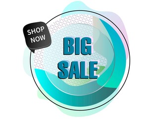Big exclusive sale, low prices.
Shop now.
Blue advertising badge to promote retail business, attract customers. Sale of various products for a limited time.
Vector illustration.