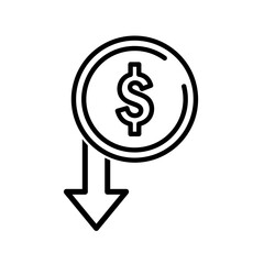 Coin with dollar sign and down arrow flat icon. Pictogram for web. Line stroke. Isolated on white background. Vector eps10