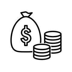 Stack of coins next to bag of dollars flat icon. Pictogram for web. Line stroke. Isolated on white background. Vector eps10